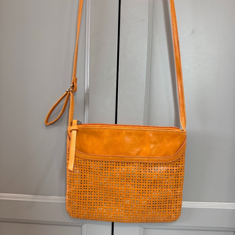 HOBO Crossbody in Orange Leather with Woven Pattern Pocket